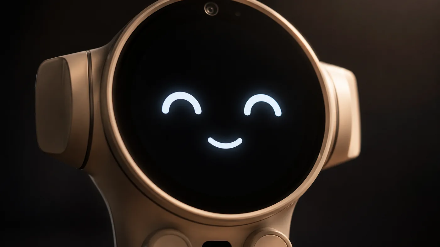 Close-up of the round display showing an animated smiling expression