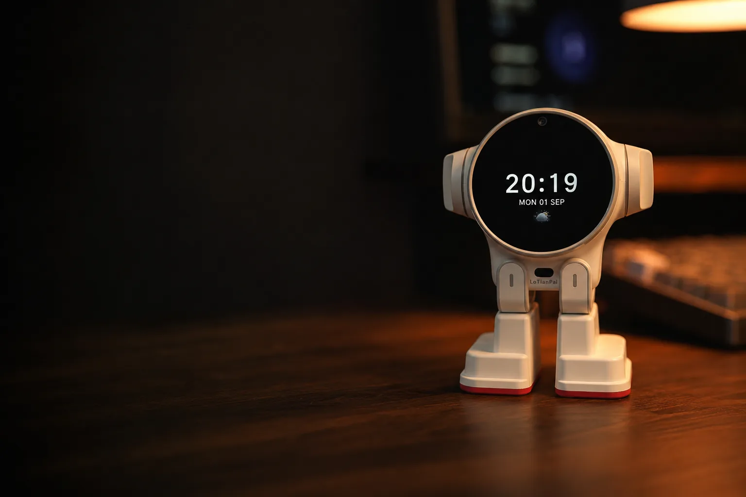 The Luminai desktop robot standing on a wooden desk beside a keyboard and monitor