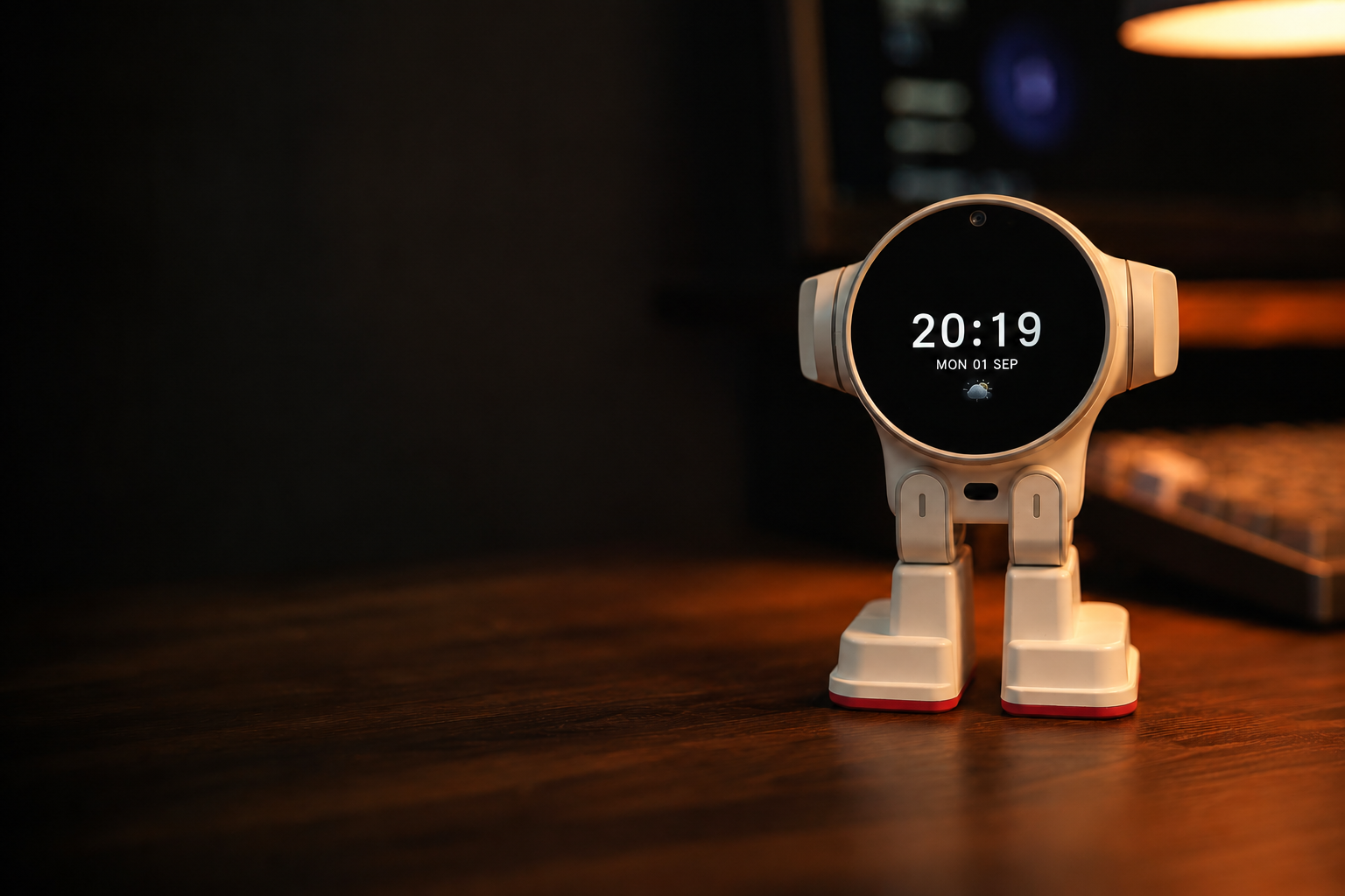 The Luminai desktop robot standing on a wooden desk beside a keyboard and monitor