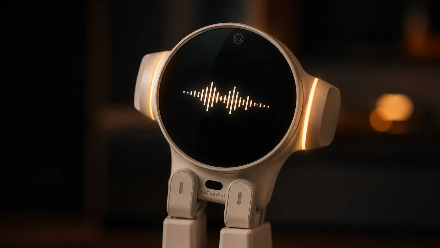 The robot tilting its head while listening, ambient light ring lit