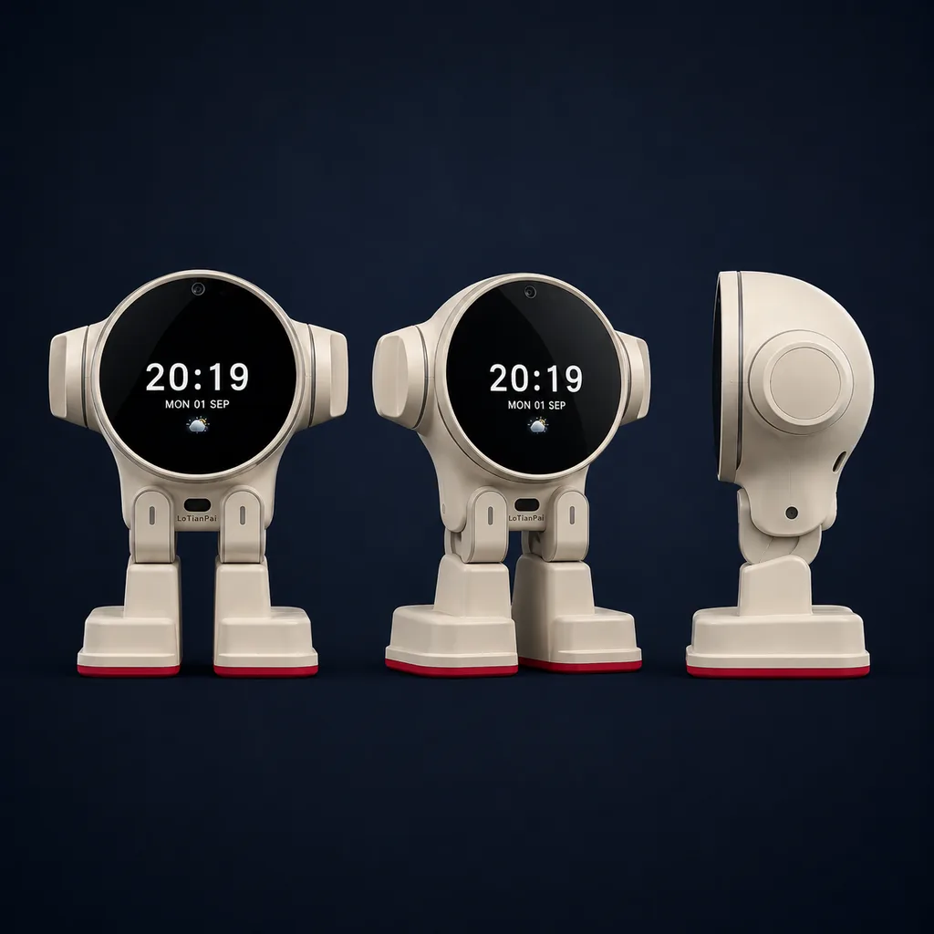 Front, three-quarter and side views of the Luminai desktop robot